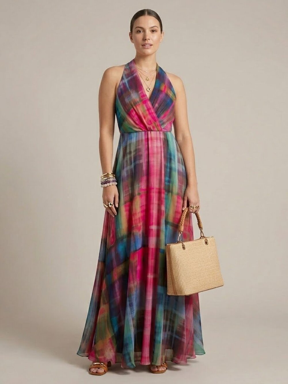 Leslie Fay Tie Dye Multicolor Halter Neck Sleeveless Maxi Dress